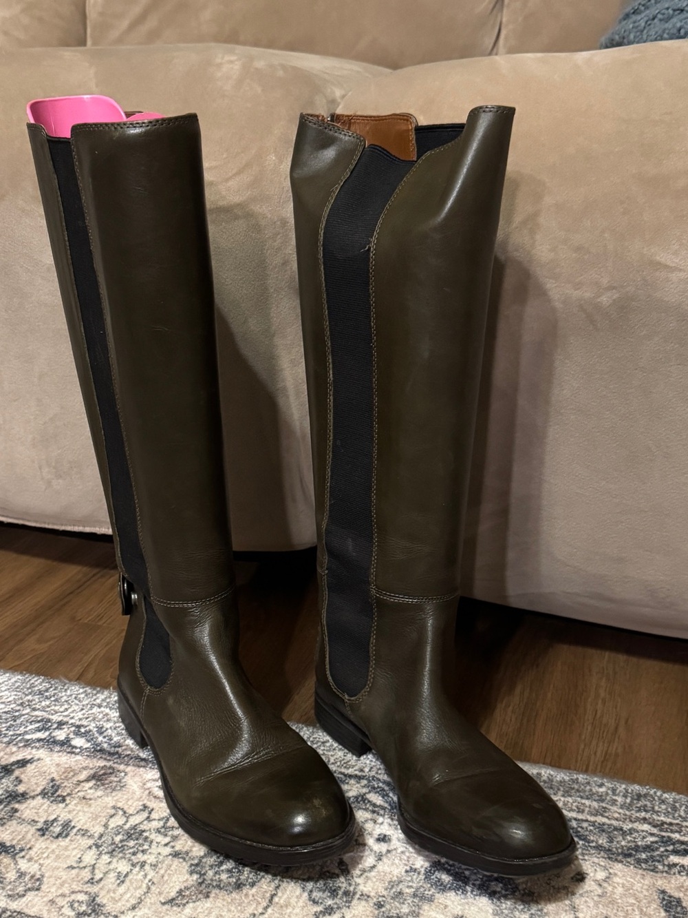 Franco Sarto Olive Green Leather Riding Boots w/ Black Elastic Panels women’s 8